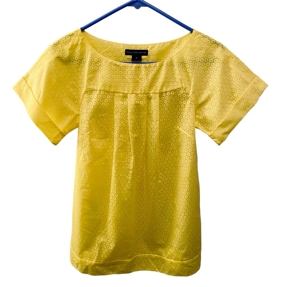 French Connection size 2 bright yellow cotton %,white patterns, short sleeve